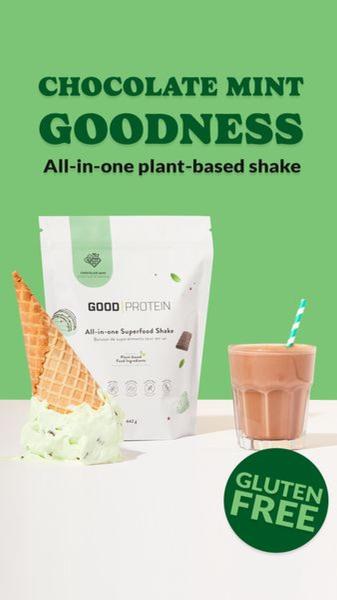 A high-contrast, minimalist ad for a plant-based shake featuring a play on a classic dessert to signal flavor profile and health benefits.